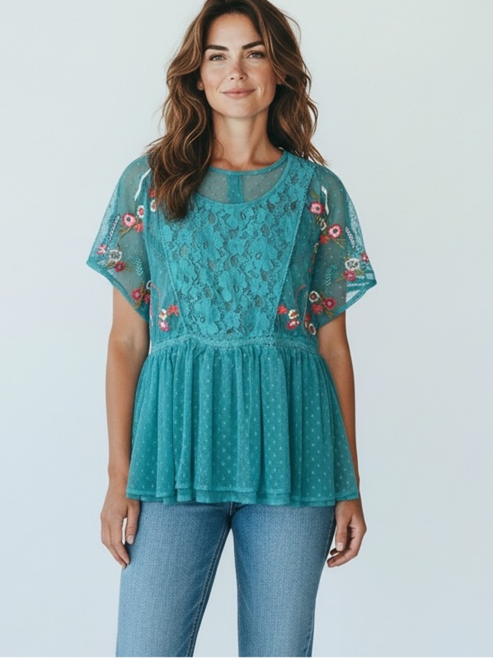 Umgee Turquoise Floral Embroidered Lace Babydoll Blouse Size Small